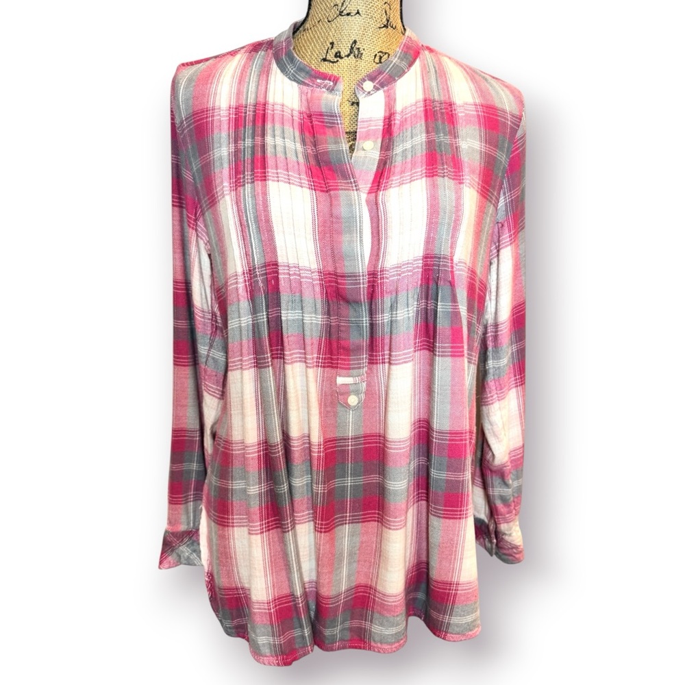 GAP Size M Pink Gray Plaid 1/2 Button Front Pleated Flannel Cozy Long Sleeve Too
